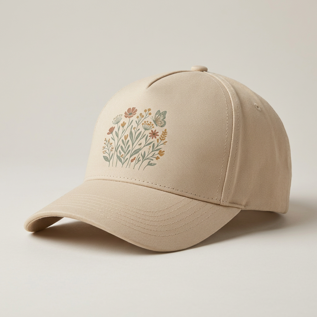 Beige Long-Beach-Basecap mit Blumenmotiv