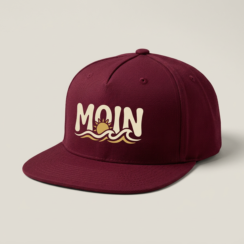 Bordeauxfarbene Snapback mit Moin-Schriftzug