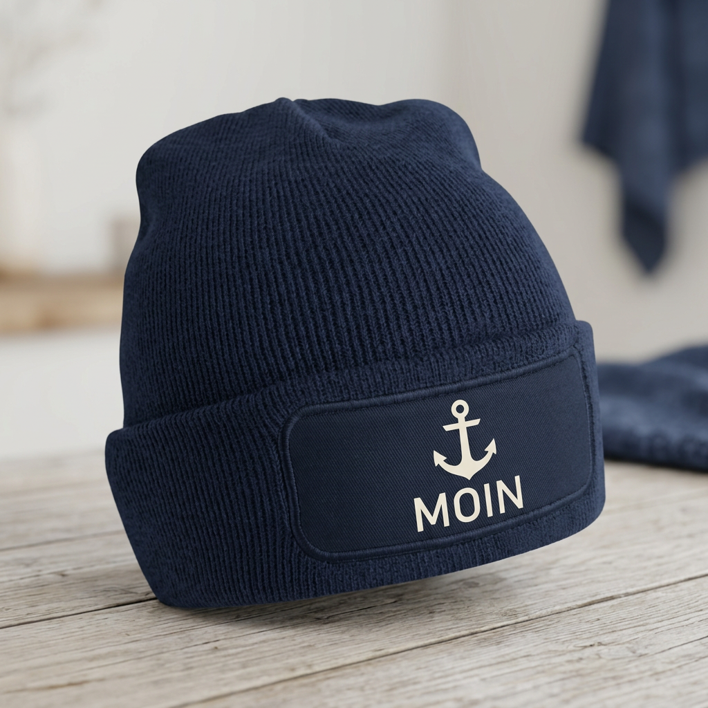 Digitale Gestaltungsvorschau: marineblaue Mütze mit Moin-Ankermotiv