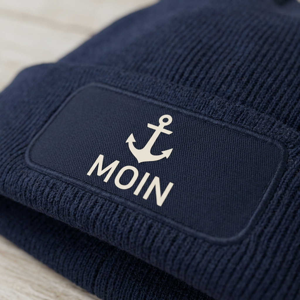 Digitale Gestaltungsvorschau: Nahaufnahme des Patches einer marineblauen Mütze mit weißem Moin-Ankermotiv