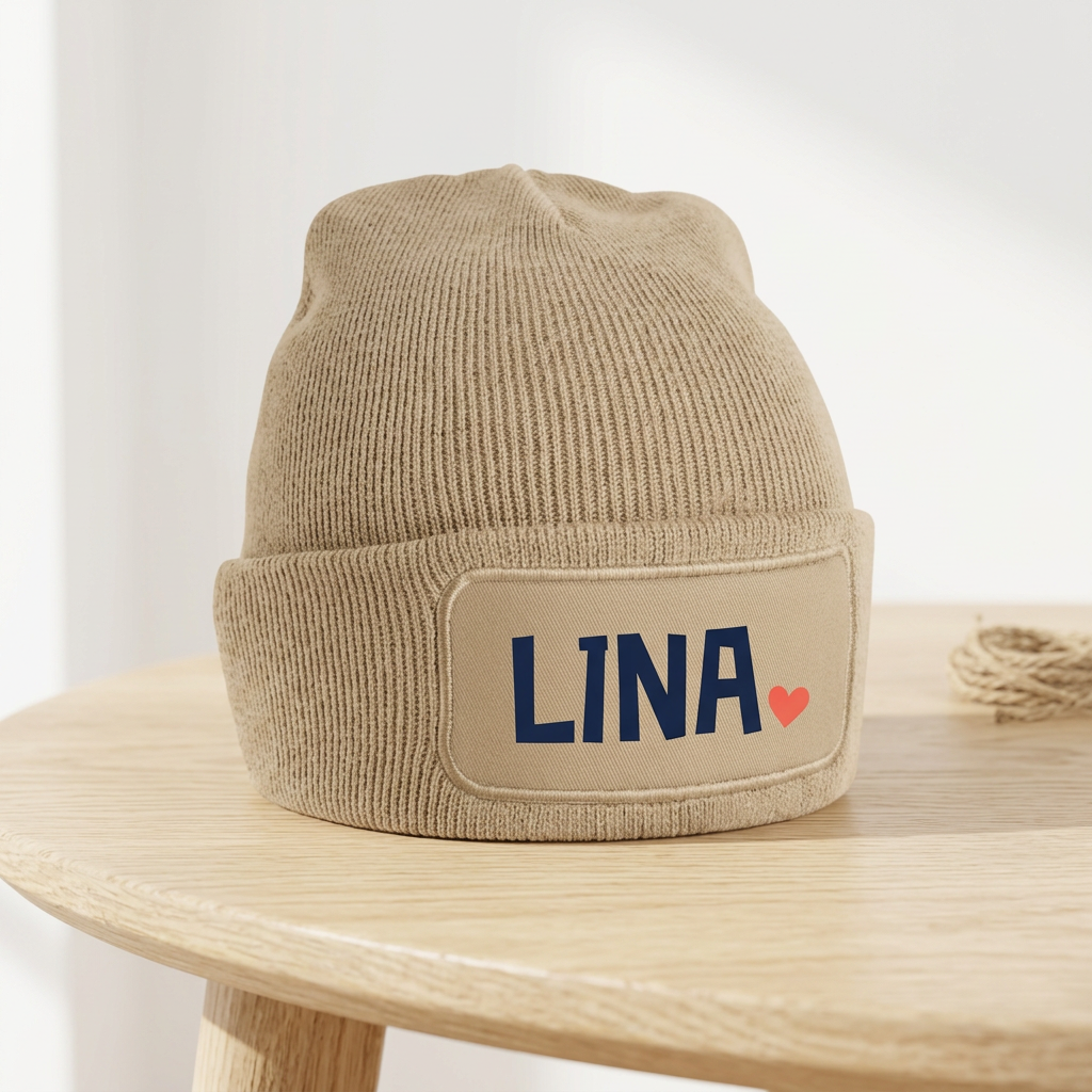 Digitale Gestaltungsvorschau: sandbeige Mütze mit personalisiertem Lina-Motiv
