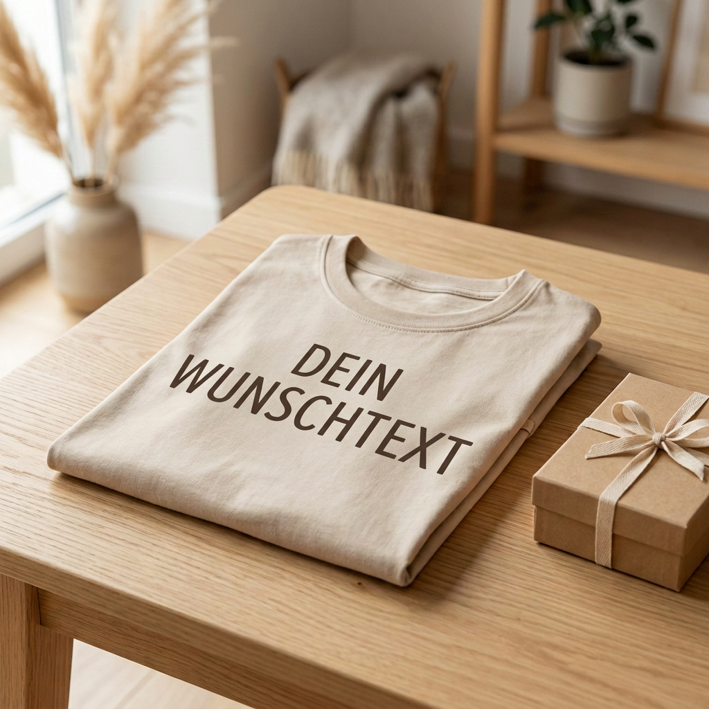 Digitale Gestaltungsvorschau: Geschenk-T-Shirt auf einem Tisch