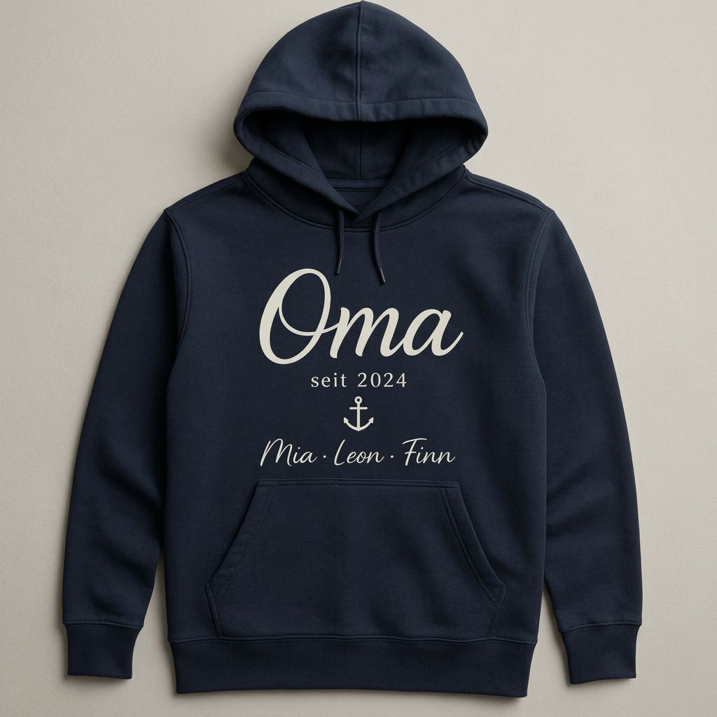 Digitale Gestaltungsvorschau: marineblauer Geschenk-Hoodie mit Oma seit 2024, Anker und den Beispielnamen Mia, Leon und Finn