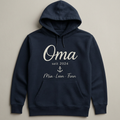 Digitale Gestaltungsvorschau: marineblauer Geschenk-Hoodie mit Oma seit 2024, Anker und den Beispielnamen Mia, Leon und Finn