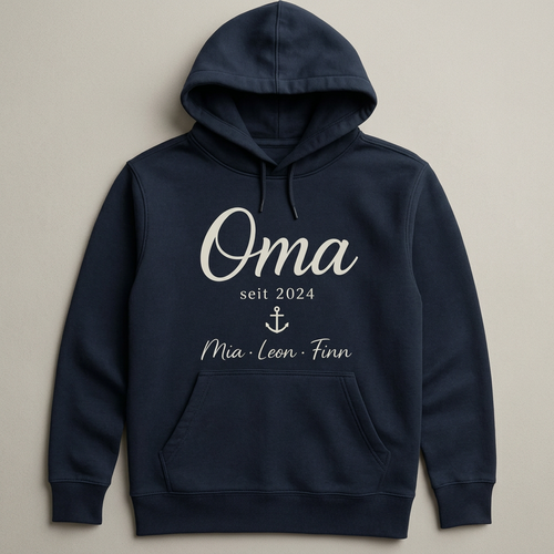 Digitale Gestaltungsvorschau: marineblauer Geschenk-Hoodie mit Oma seit 2024, Anker und den Beispielnamen Mia, Leon und Finn