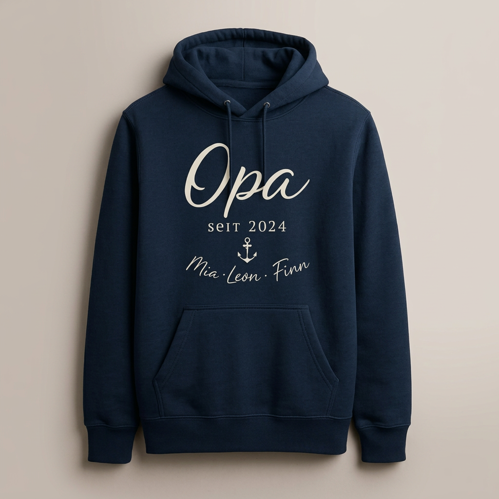 Digitale Gestaltungsvorschau: marineblauer Geschenk-Hoodie mit Opa seit 2024, Anker und den Beispielnamen Mia, Leon und Finn