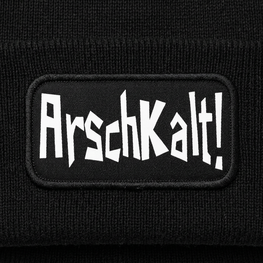 Digital bearbeitete Detailansicht: weißer ArschKalt!-Schriftzug auf schwarzem Patch