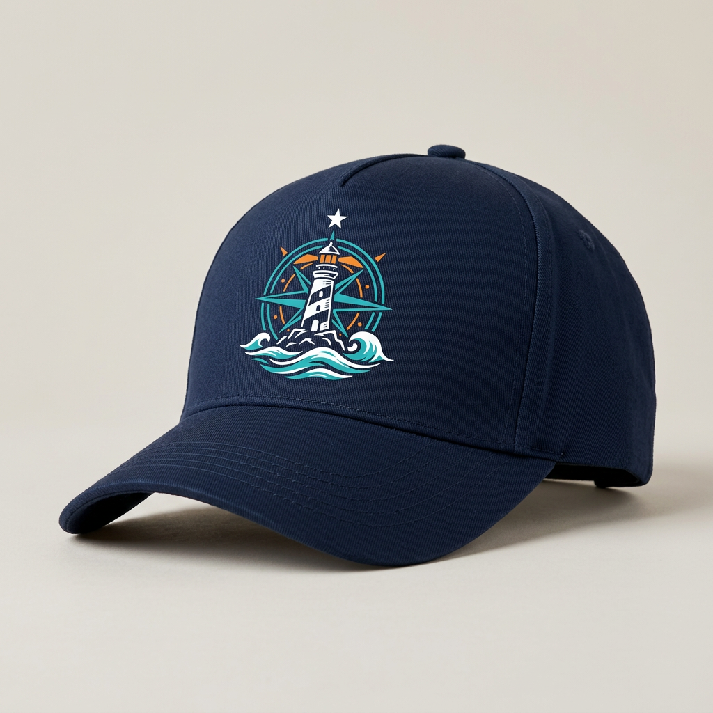 Marineblaue Long-Beach-Basecap mit Leuchtturm