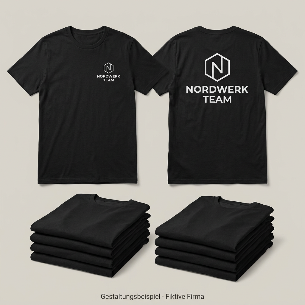 Paketbild mit zehn schwarzen Team-Shirts für die fiktive Firma NORDWERK TEAM