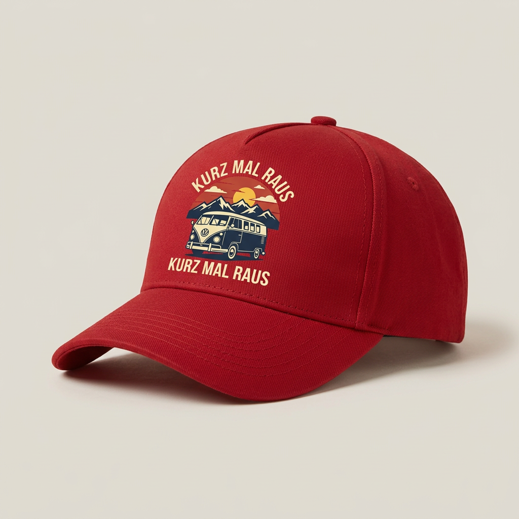 Rote Long-Beach-Basecap mit Camper-Motiv