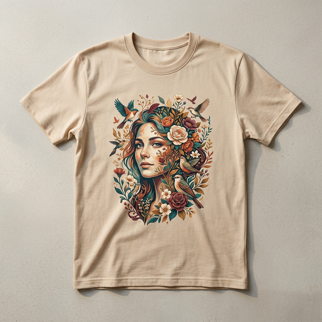 Sandfarbenes T-Shirt mit floralem Porträt