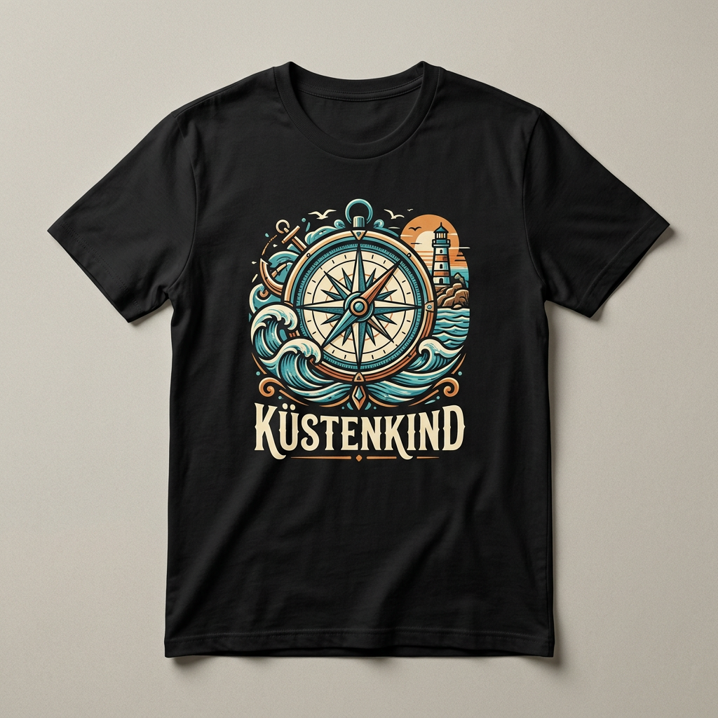 Schwarzes T-Shirt mit Küstenkind-Motiv