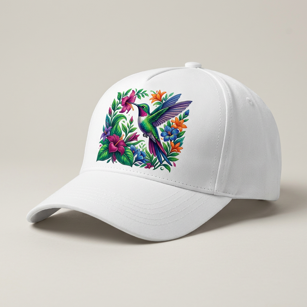 Weiße Long-Beach-Basecap mit Kolibri